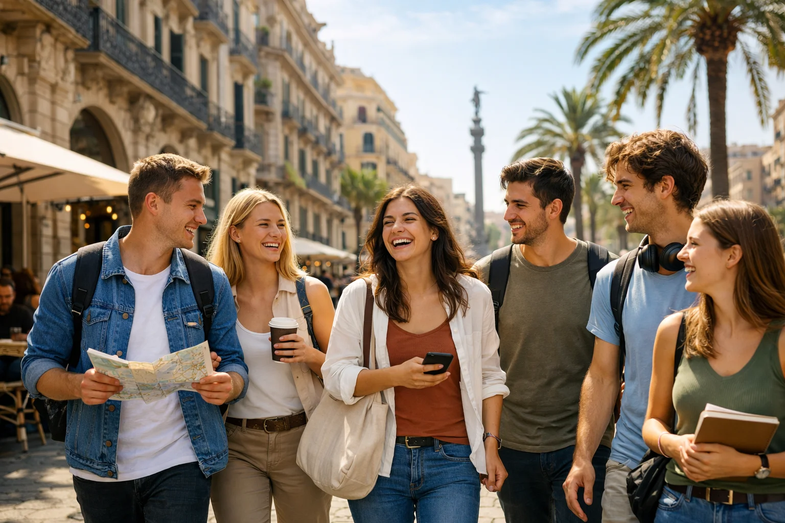 Group of international students laughing and exploring Barcelona together