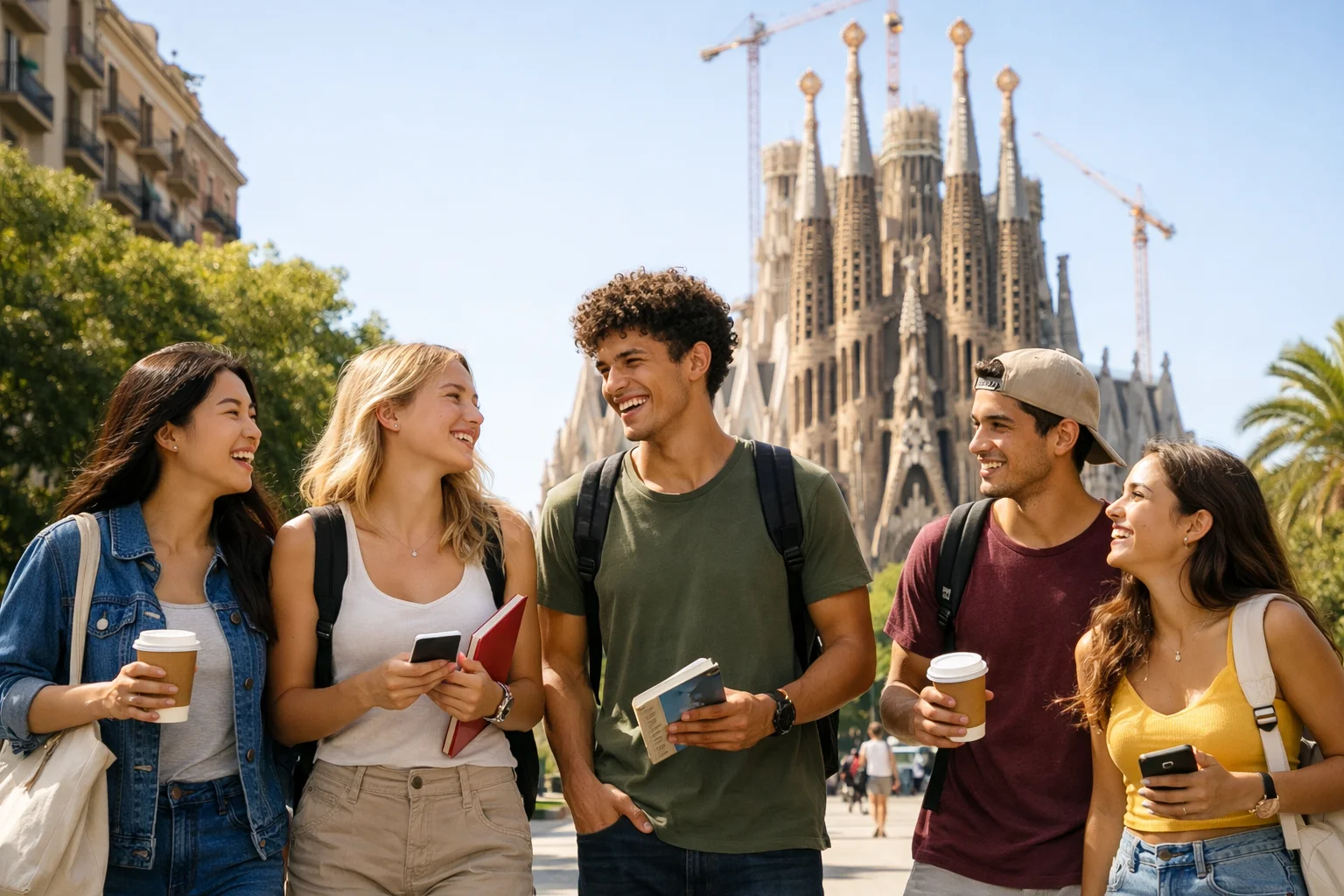 International students exploring Barcelona near the Sagrada Familia